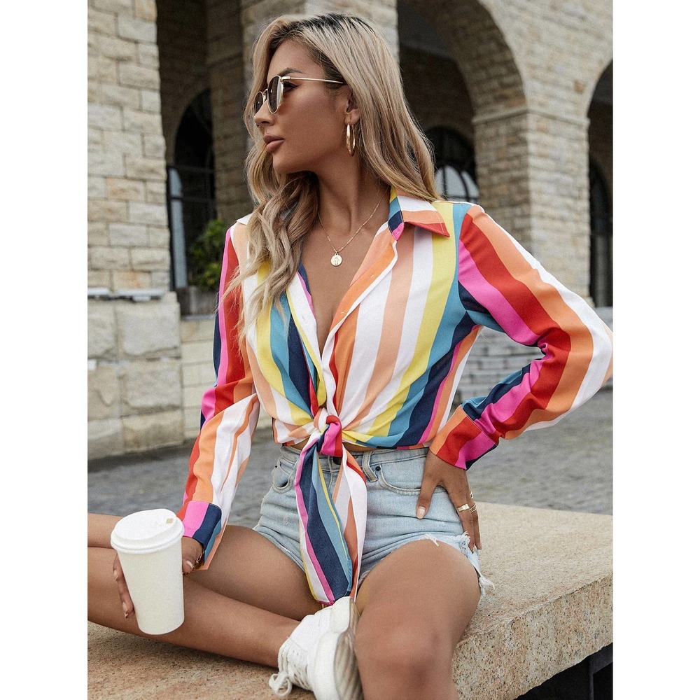 Colorful Rainbow Striped button up Knotted Crop top